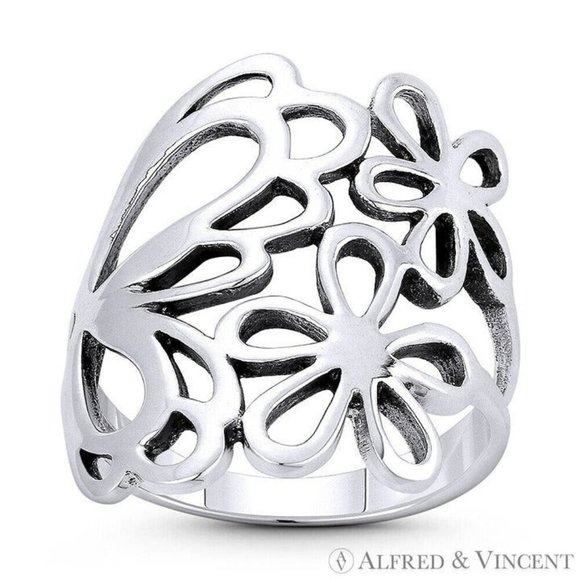 Butterfly & Flower Wide Charm Statement Ring in .925 Sterling Silver - Size 5 - Picture 1 of 1